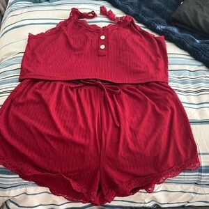 Red Sleeveless Lace Trim Romper